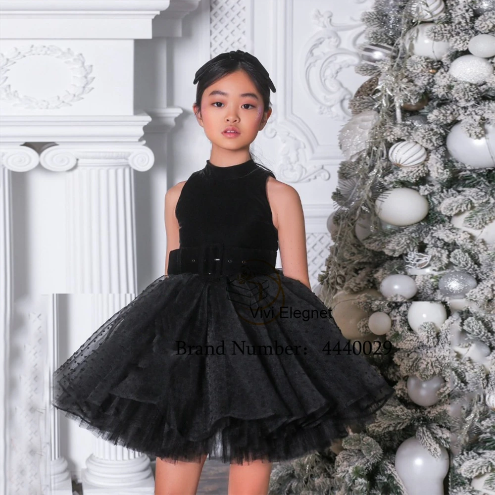 

Modest Black Tutu Flower Girl Dresses Sleeveless Scoop Knee Length Tiered 2023 Soft Tulle Christmas Gown فساتين اطفال للعيد New