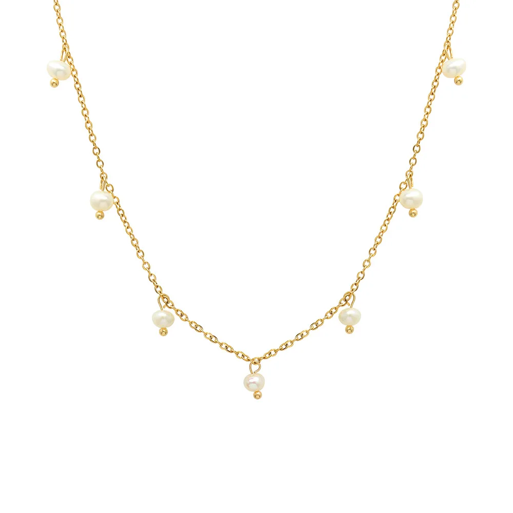 

French Retro style Niche all-matchTitanium Steel Plated 18k Real Gold Freshwater Pearl Loose Bead Necklace Female Clavicle Chain