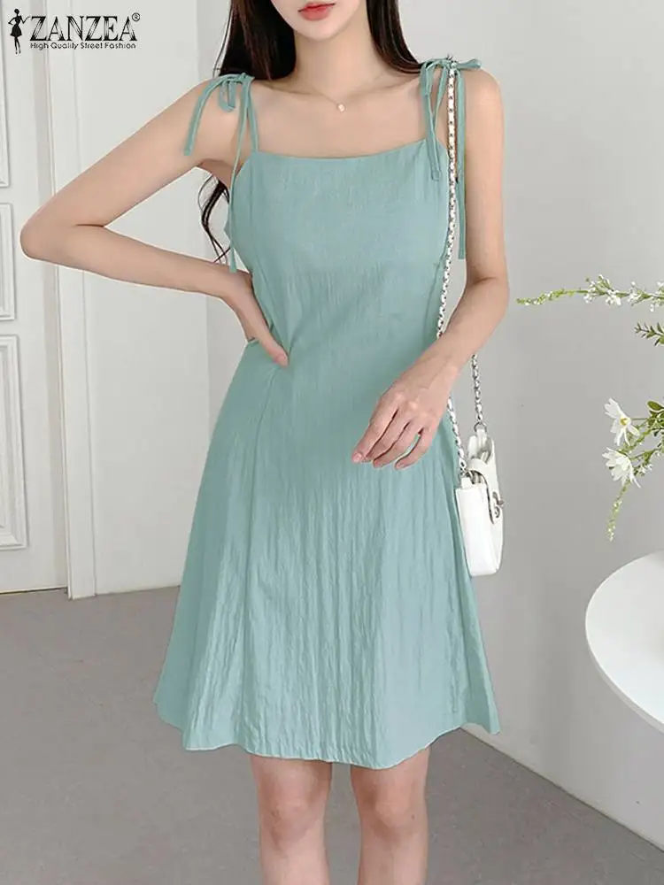 

ZANZEA Vacation Party Slip Dress Summer Solid Color Women Casual Dress Sexy Beach Waisted A-line Sundress Spaghetti Straps Robe