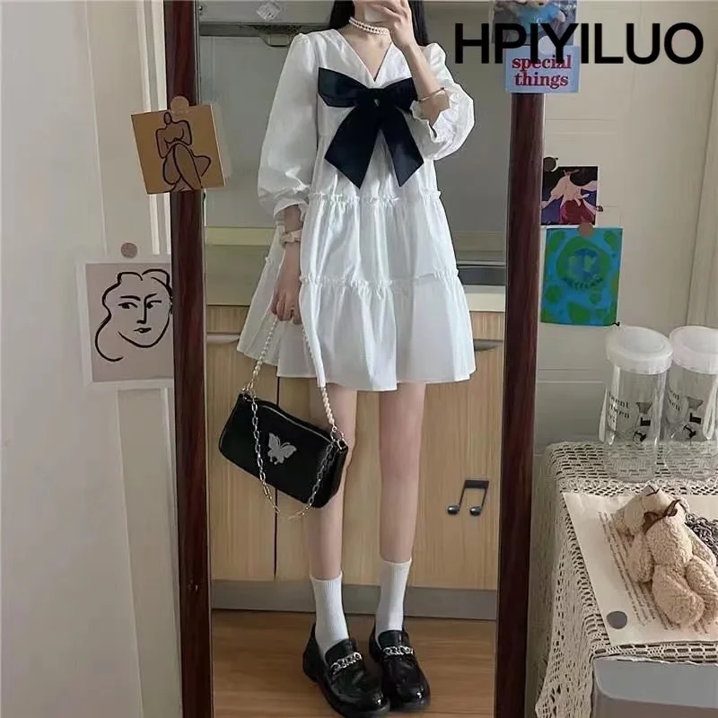 

HPIYILUO White Dress Women Kawaii Bow Mini Dresses Summer Preppy Style Cute Harajuku Vintage Outfits Oversize Streetwear