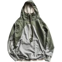 gl style heavy washing multi material splicing personalized tailoring loose hoodies mens army green kangaroo pocket pullover