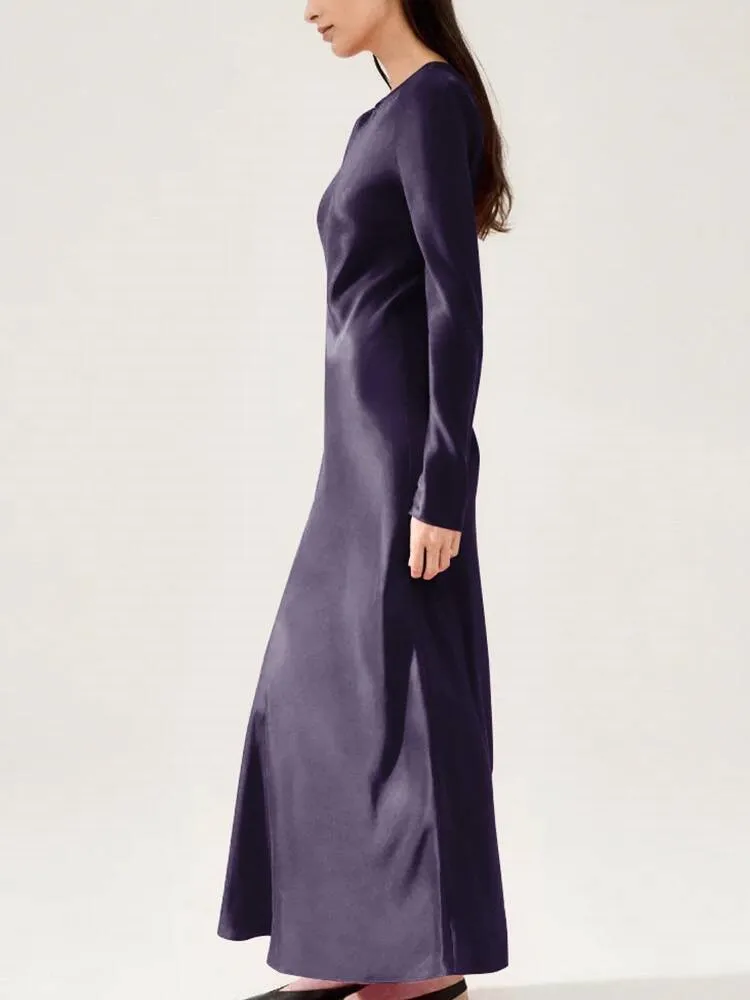 Женское шелковое платье-макси с длинным рукавом и круглым вырезом
