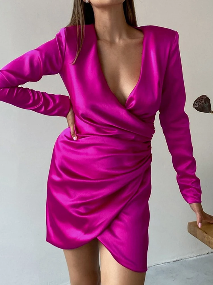 

Women Spring Solid Shoulder Pad Office Dress Casual Elegant Evening Dresses High Waist Long Sleeve Slim Deep V Neck Party Dress