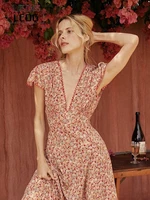 ledp 2022 new lace v neck red floral womens mid length dress spring summer fashion versatile elegant dress suit