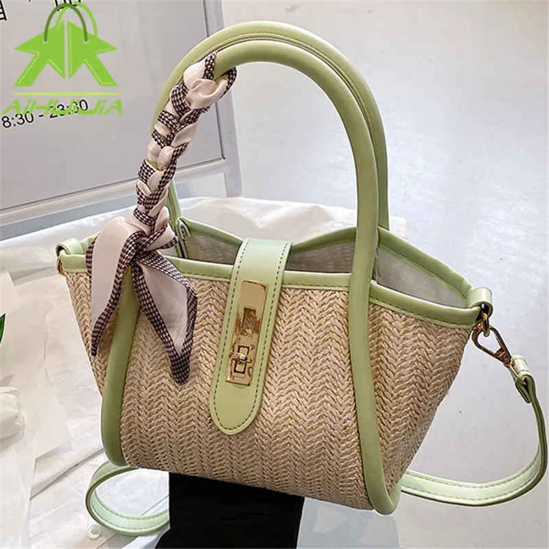 

2022 летняя новая соломенная сумка, модная корзина из ленты, пляжные сумки, большие сумки из ротанга на плечо, Большая вместительная тканая су...