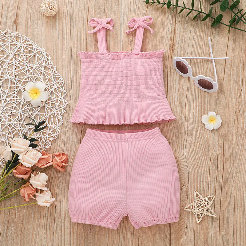 Newborn Girls' Suit Summer Shorts Two-piece Set Baby Girl Cotton Solid Color Short Sleeved Wrinkled Vest Pants Baby Girl Suit