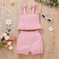 newborn girls suit summer shorts two piece set baby girl cotton solid color short sleeved wrinkled vest pants baby girl suit