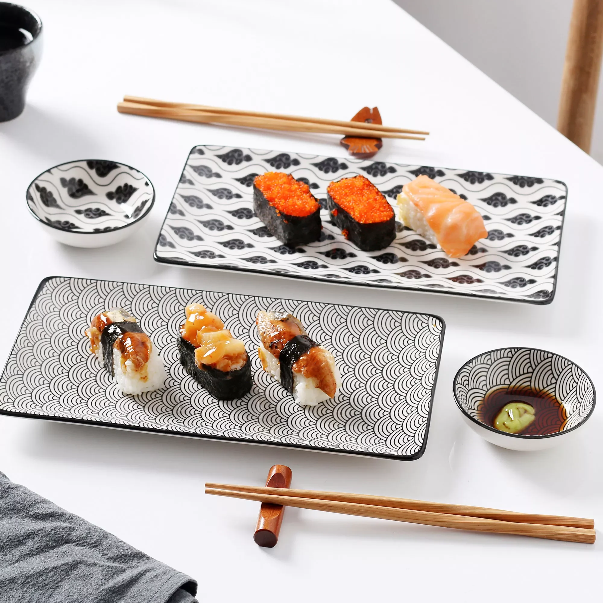 

Haruka Japanese Style Porcelain Sushi Plate Set with 2*Sushi Plates,Dipping Dishes,2 Pairs of Bamboo Chopsticks Gift