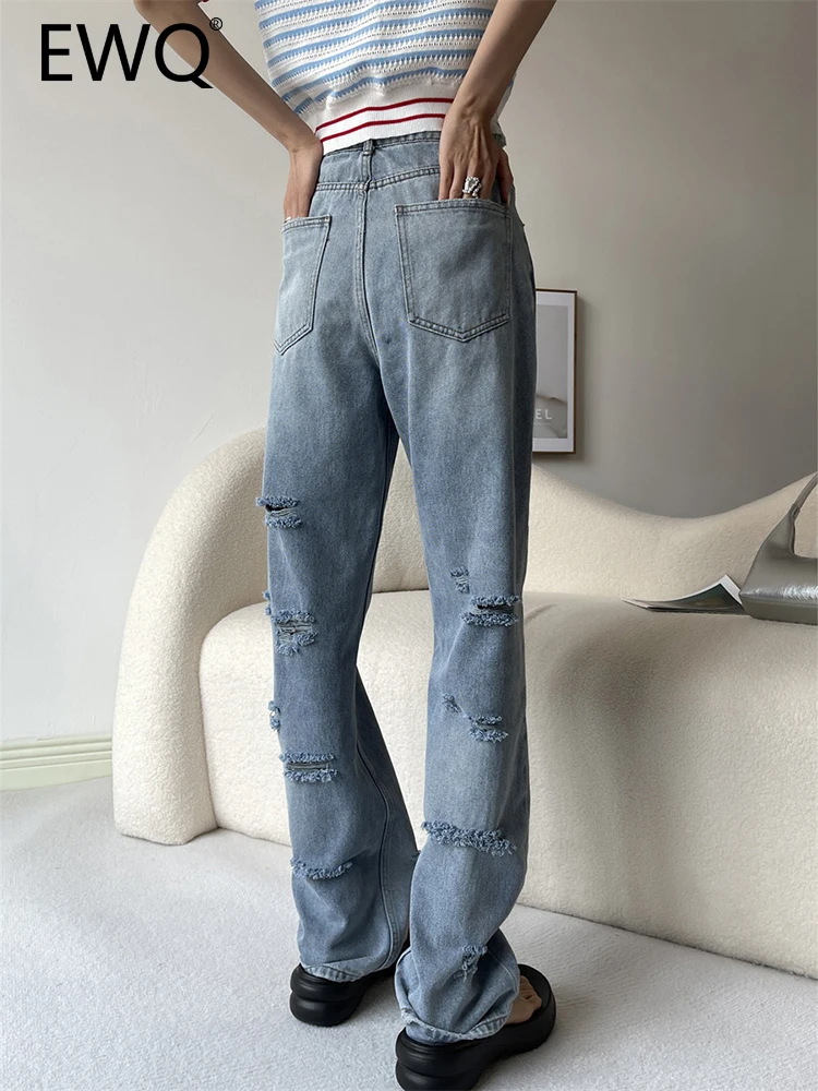 

Женские джинсы с дырками EWQ, однотонные прямые широкие брюки с высокой талией, модель 2023 года, на осень, 26D4642