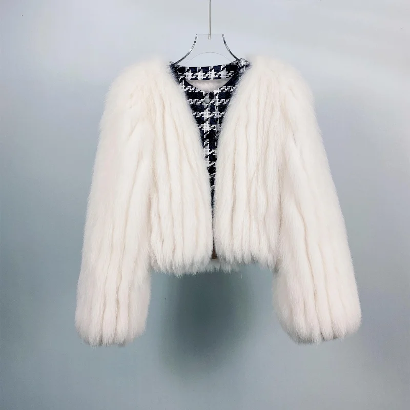 

Woman Real Fox Fur Coat Patchwork Tweed Woolen Winter Warm Short Jacket Lady Fashion Luxury Fur Casaco New Arrival
