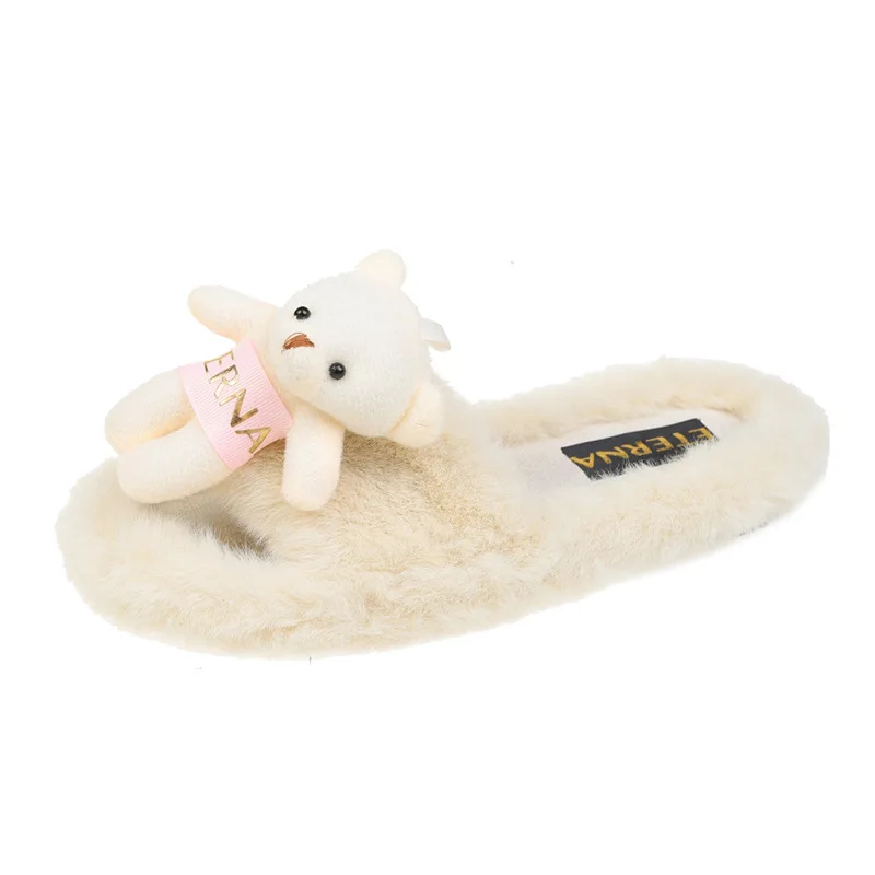 Hairy Slippers Women's Korean Version Cute Bears Flat Heels Flat-bottomed Flip-flops Outside Wear Household Cotton Slippers Wome
