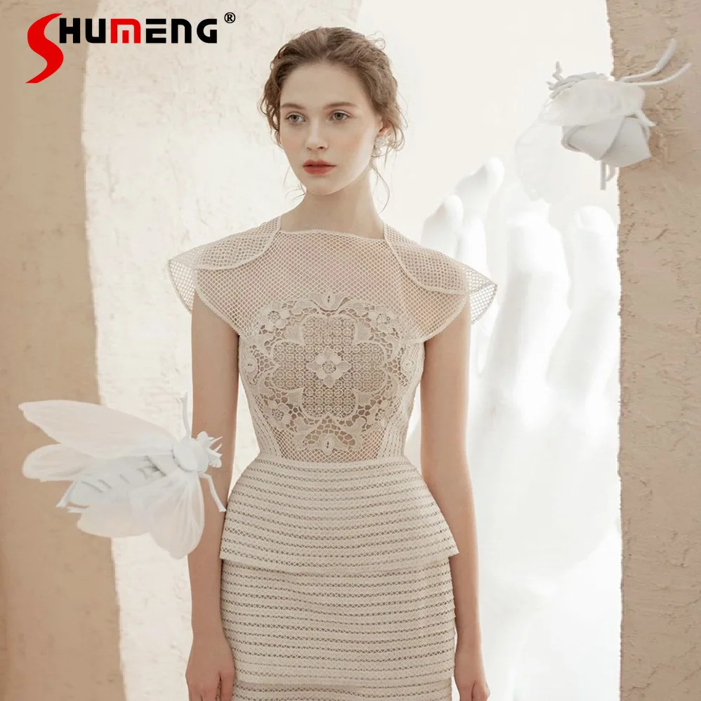 

Женское винтажное платье средней длины вечерние однотонное кружевное платье с цветочным кружевом и вязаным крючком, Сетчатое платье во фра...