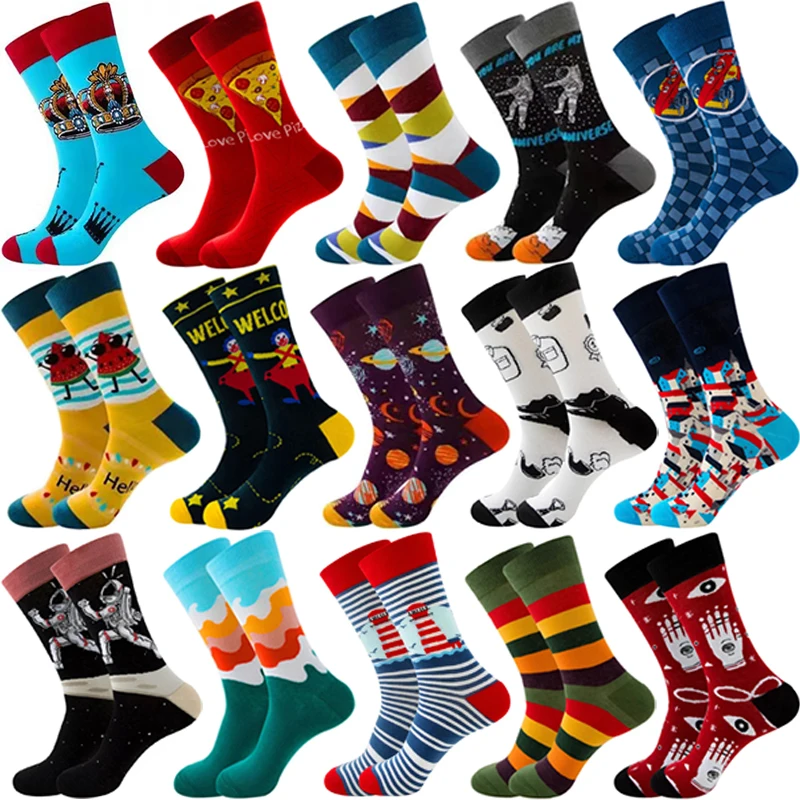 Men Women Socks Couples Lovers New Geometric Fruit Food Suit Street Style Fashion Happy Funny Astronaut Middle Tube Cotton Socks