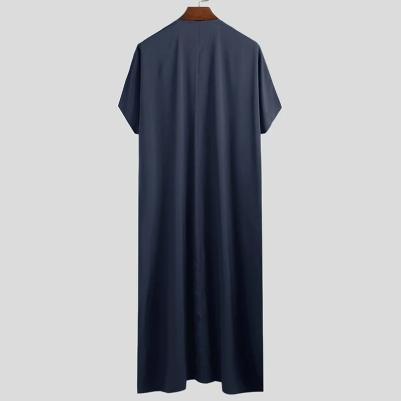 Men Muslim Kaftan Half Sleeve Robe Jubba Thobe Saudi Arab Robe Vintage Abaya Costume Casual Button Islamic Clothing Dress Eid