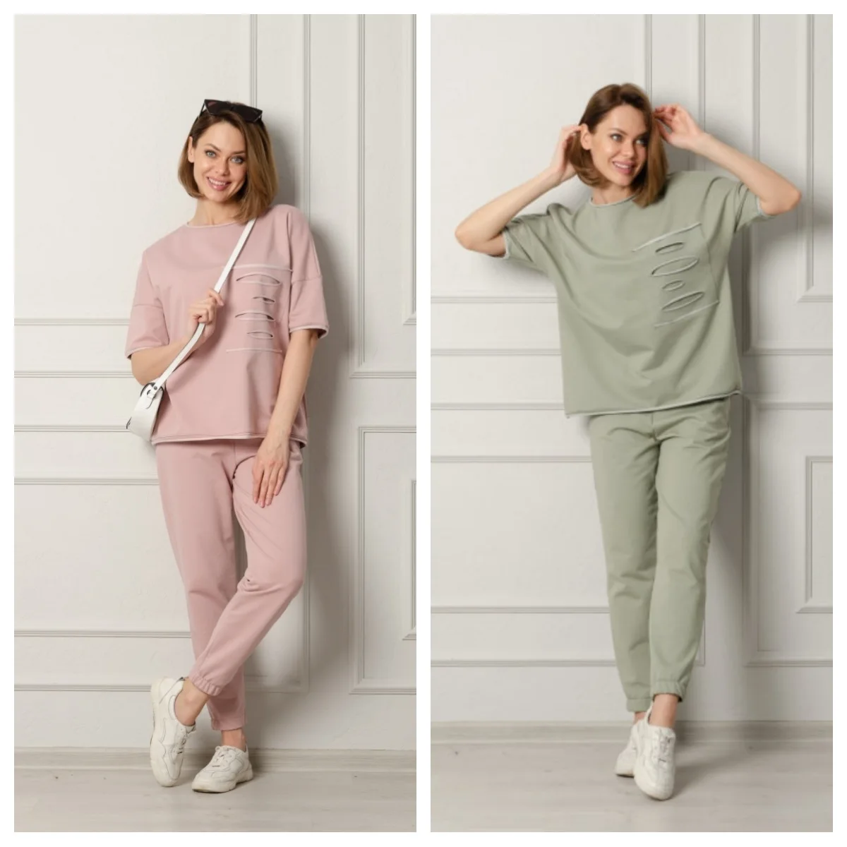 Женский Вязаный Комплект Из Двух Предметов Розовый С Короткими Рукавами И