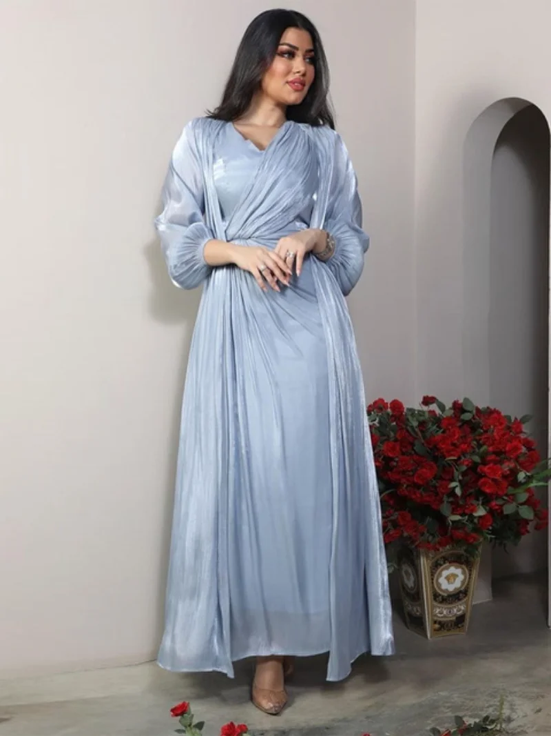Modest Muslim Moroccan Dubai Abaya Dress Set for Women Fashion Bright Silk Soft Satin 2 Pieces Robe Corban Eid Al Adha 2023 New