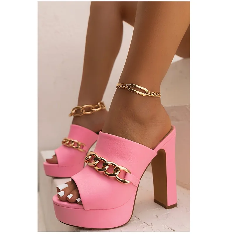 TGHDOF 2022 Summer Slippers New Sexy High Heels Platform Shoes Open Toe Chain European Party Shoes Women Slippers Large Size 43