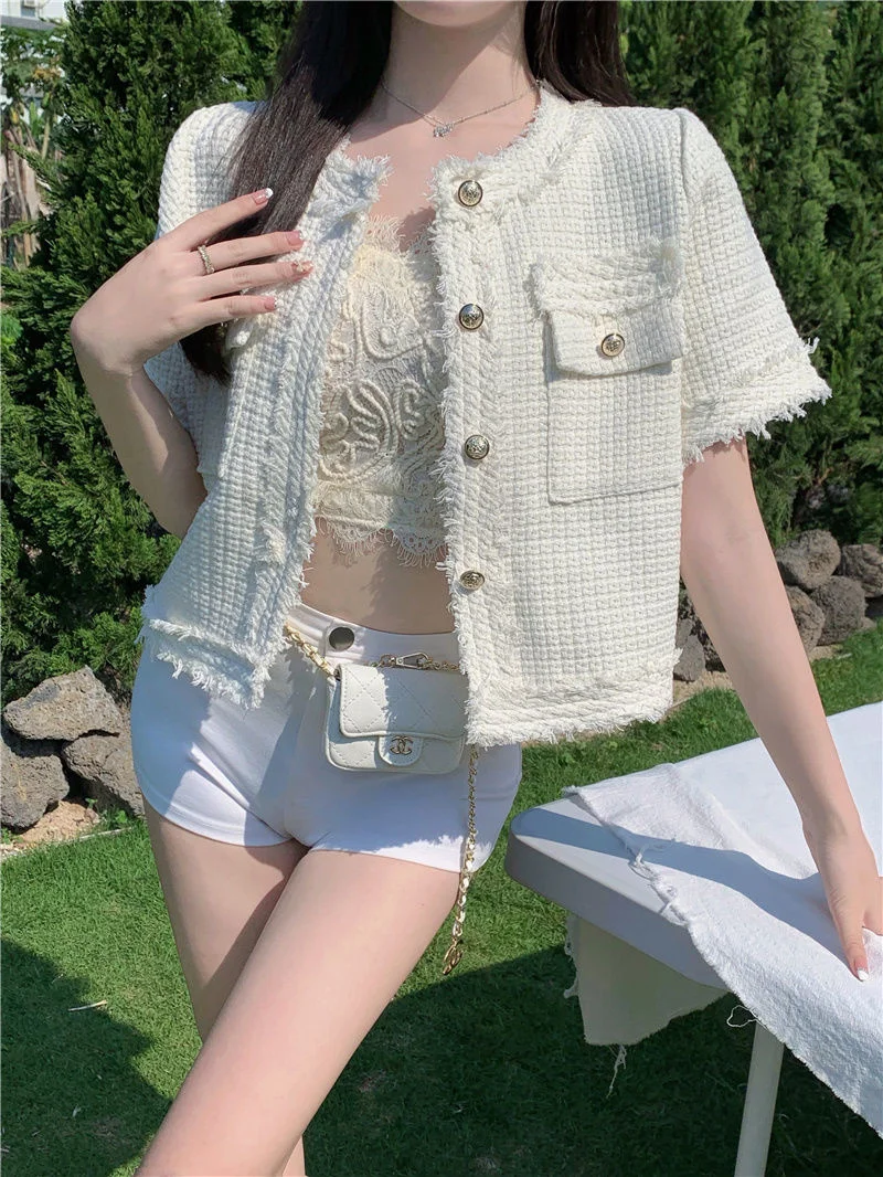 

Korean Small Fragrance Jacket Women's Short Sleeve Crop Top Ladies Summer All-match Slim Outwear Woven Tweed Coat Jackets