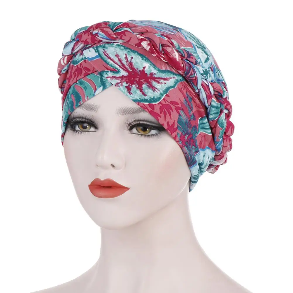 

Women Headwrap Flower Print Braid Lady Stretchy No Brim Indian Muslim Women Printed Chemo Cap Headwear Hijab Beanie Bonnet Hat