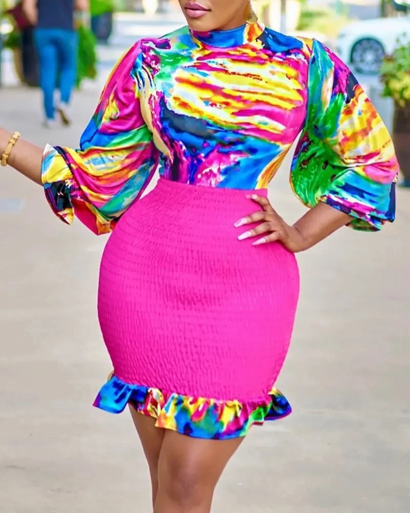 

Lantern Sleeve Abstract Print Ruffle Hem Dress Women Slim Fit Bodycon Dress