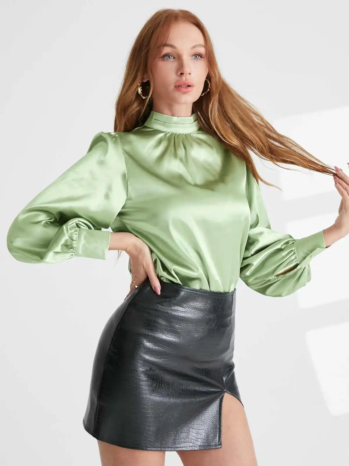 

VONDA женские элегантные атласные шелковые топы, модные вечерние блузки с длинными рукавами-фонариками, осенняя туника, плиссированные Блузы ...