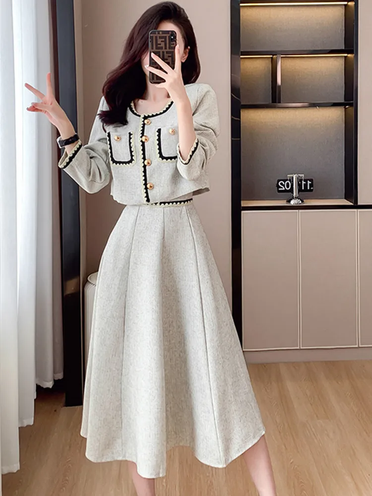 

SMTHMA New Autumn High End Elegant Style Celebrity Small Fragrance Set Top+Women Long Skirt Two Piece Sets