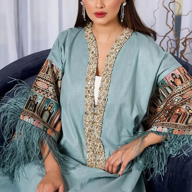 

Wepbel Feather Long Loose Dress Kaftan Robe Islamic Clothing Fashion Muslim Party Abaya Dress Casual Long Sleeve Abaya Caftan