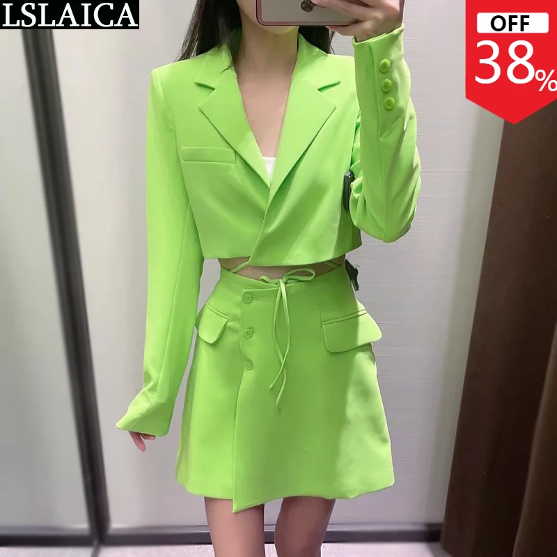 

Two Piece Sets Womens Outifits Spring Autumn Fashion Suit Sweet Green Lace Up Blazer Coat Pocket Design Skirt Set Ladies Suit