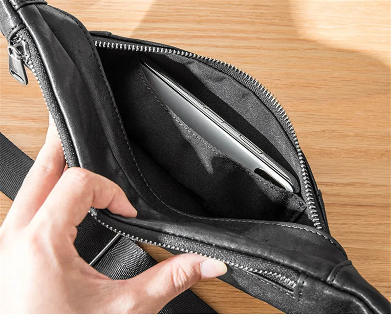 Fashion daily genuine leather men's black small chest bag casual luxury soft natural real cowhide outdoor sports shoulder bag