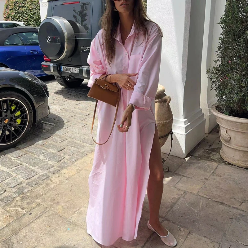 

Женское однобортное платье-рубашка, повседневное осеннее розовое платье с отложным воротником и Боковым Разрезом, свободное платье с карманами, 2023