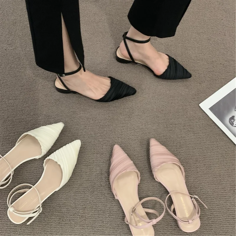

2022 New Fashion Women Sandals Pointed Toe Summer Black White Dress Party Thin Low Heels Casual Narrow Band Sandals Large Size