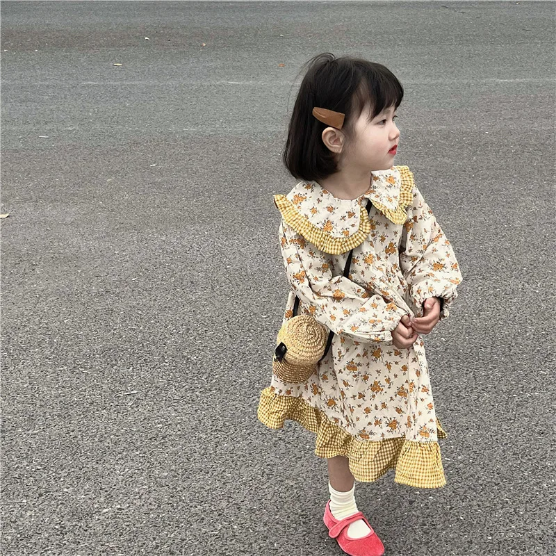 

4479C Girl Dress Spring 2023 Korean New Girl's Dress Yellow Floral Lotus Leaf Doll Collar Cotton Dress Princess Dress