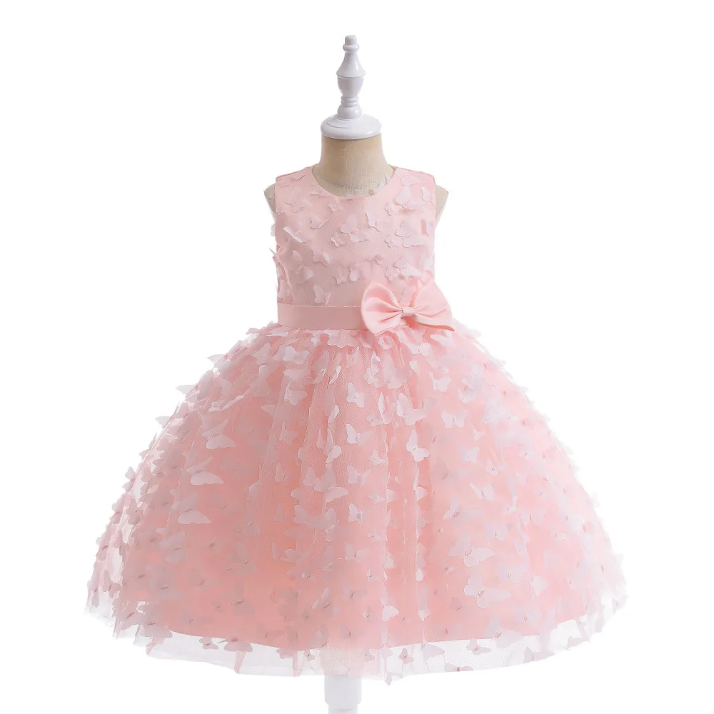 

Girls Three-Dimensional Flower Mesh Dress 110cm-150cm Sweet Flower Bow Fairy Piano Show Birthday Party Princess Ball Gown