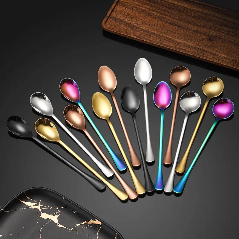 

Rainbow Color Coffee Tea Stir Spoon Long Handle Ice Cream Dessert Spoons Eco-Friendly Stainless Steel Tableware Kitchen Supplies