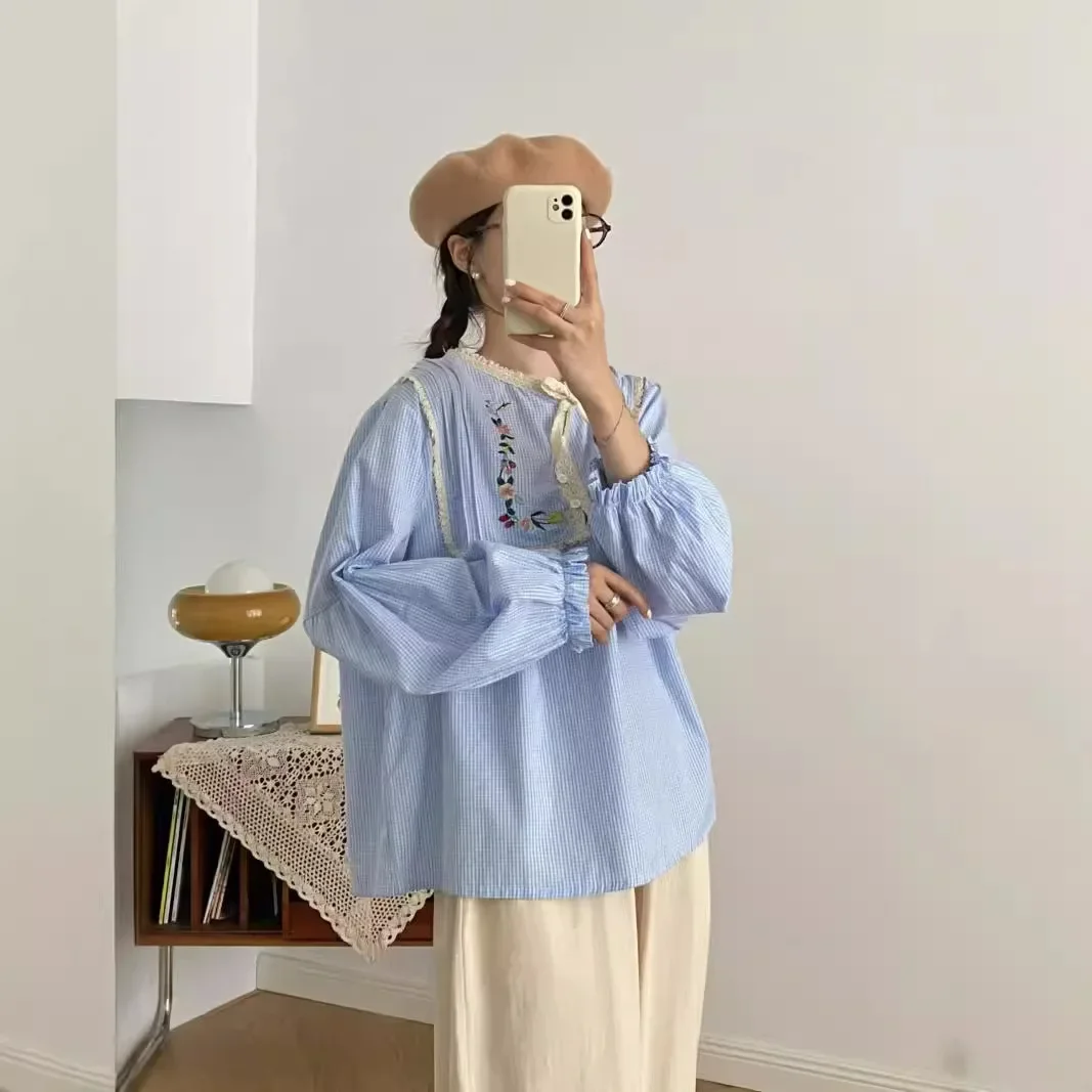 Новинка осени 2024 женская рубашка из хлопка и льна с круглым вырезом