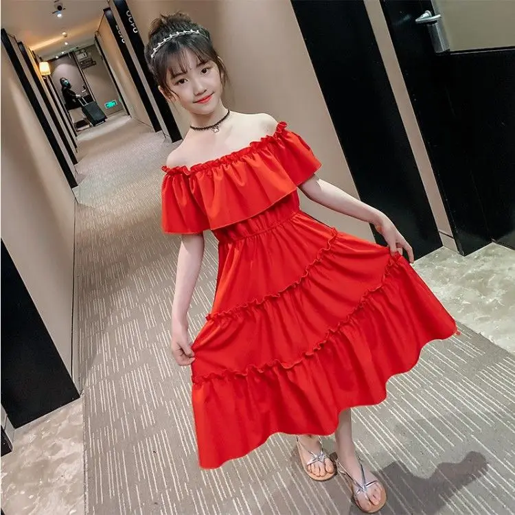

2022 Summer Toddler Girls Casual Dress New Fashion Pure Color Kids Dresses Off-the-shoulder Teens Children Princess Clothes E60