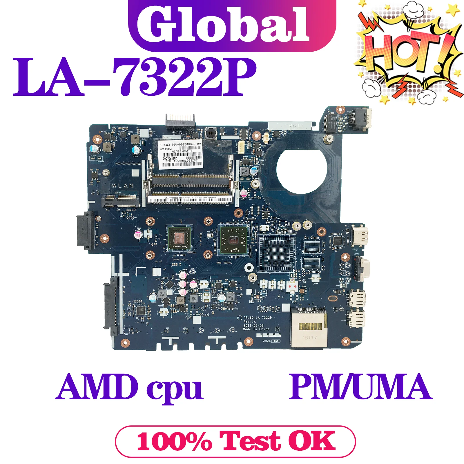 

KEFU Mainboard X53U K53U X53B K53B PBL60 LA-7322P X53BR K53BY Laptop Motherboard UMA AMD CPU MAIN BOARD TEST OK