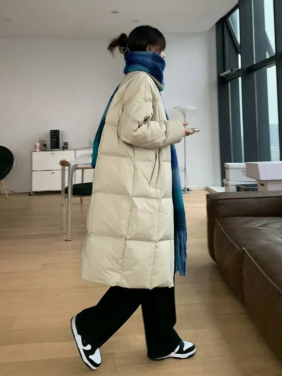 

2022 New Winter Women Fashion White Duck Down Coat Button Thick Warm Long Sleeve Loose Solid Casual Jacket Pocket Snow D173