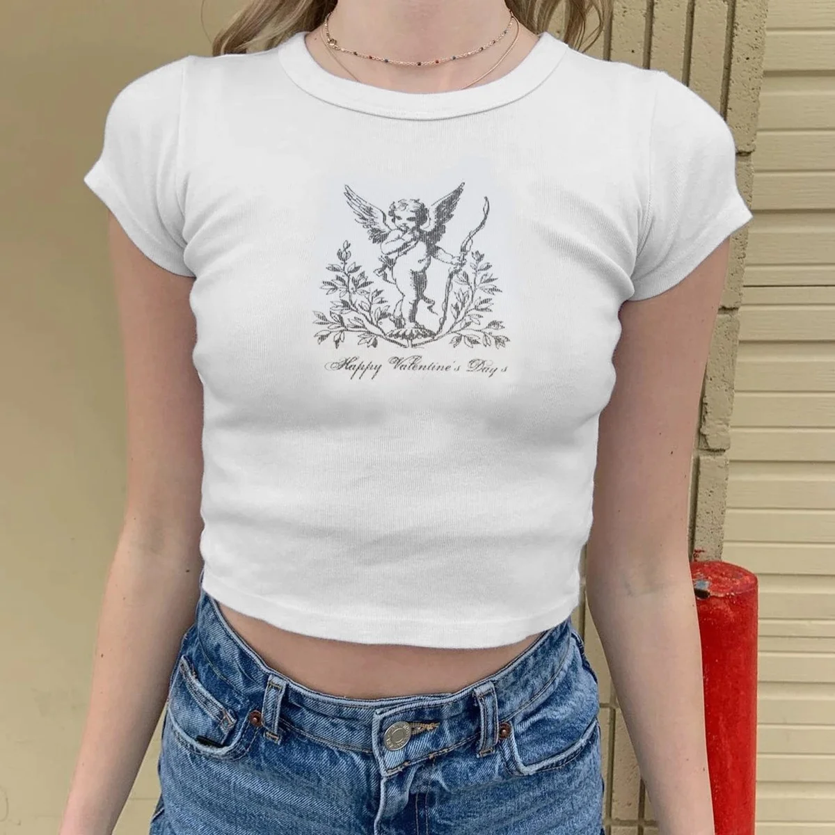 

Vintage Graphic Print Short Sleeve Tee 2000s Women's Casual Gothic Streetwear Summer Slim Crop Top New Aesthetic Grunge Sexy Tee