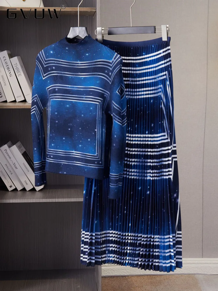 

GVUW Star Printing Pleated Two Piece Set For Women 2023 Spring New Mock Neck Long Sleeve Top Elastic Waist Skirt Female 17G1270