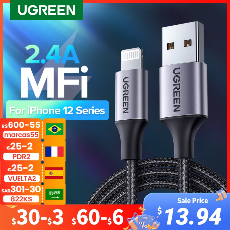 USB-кабель UGREEN MFi для iPhone 13 Mini 2 4 А быстрая зарядка Lightning Pro Max X XR 11 8 7 зарядный кабель