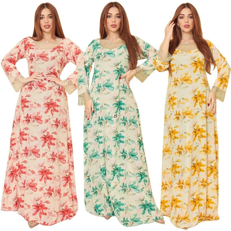 Long Dresses for Women Elegant Ethnic Rhinestone Stretch Mesh Patchwork O Neck Full Sleeve Print Dubai Arab Muslim Robe