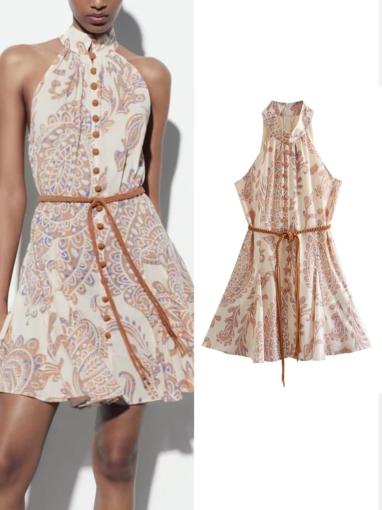 

M GIRLS Lady Summer Print Dress With Belt New Half High Collar A-line Off-The-Shoulder Button Decoration Casual Mini Dress