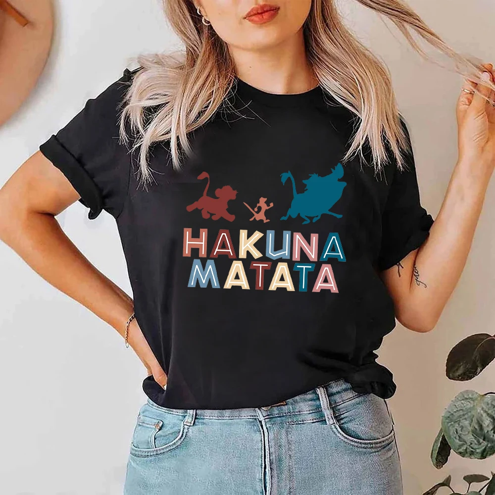 

Disney The Lion King T-shirt 2023 Summer Hakuna Matata Women's Casual Clothing Aesthetic Harajuku Black Tops Tees Short Sleeve