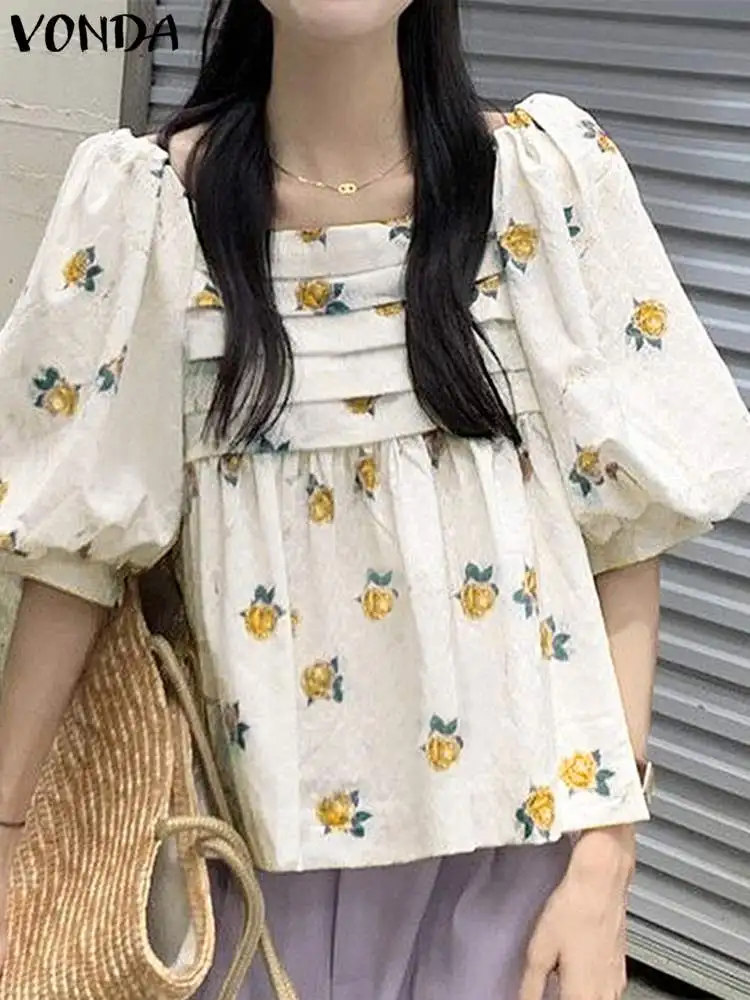 

Богемная женская блузка, летние рубашки 2023 VONDA с рукавами-фонариками, модные топы с квадратным вырезом, повседневные свободные женские блузы