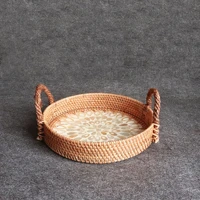 rattan shell circular tray with handle living room fruit storage plate autumn rattan woven fruit plate