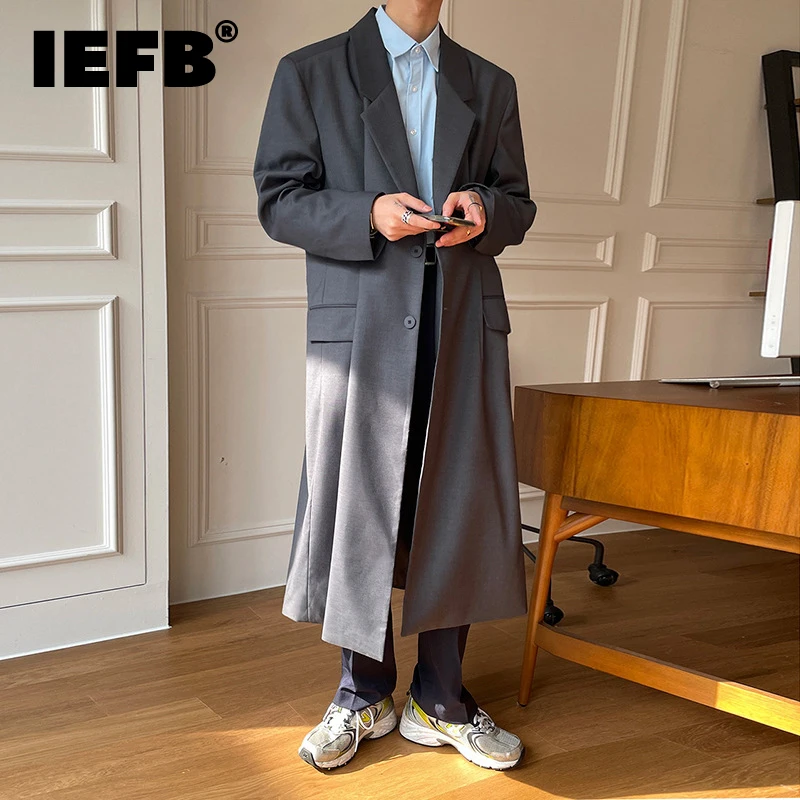 

IEFB Coat Trend Male Medium Long Autumn New Korean Fashion Over Knee Suit Collar Windbreakers Men And Women Same Clothe 9C1635