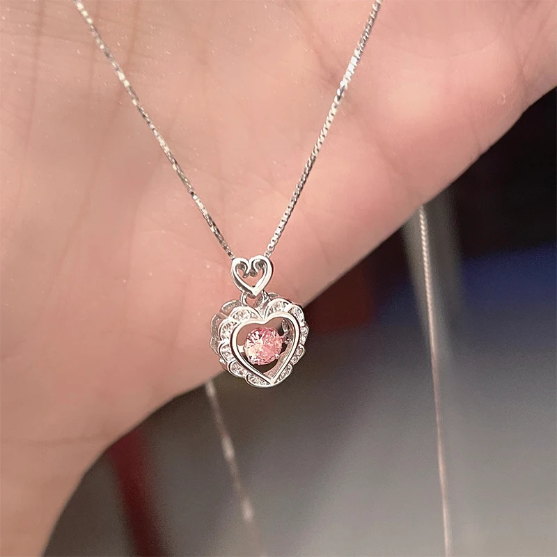 

Korean Fashion Vintage Hollow Pink Zircon Heart Pendant Chain Neck Necklace For Women Wedding Jewelry