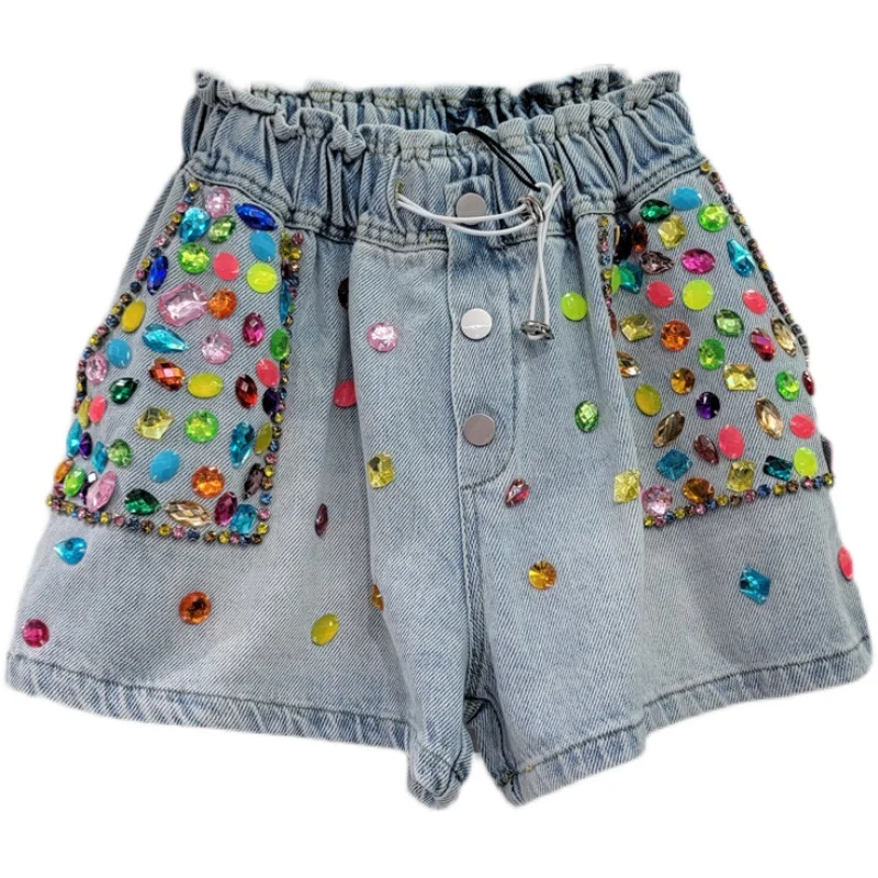 High Waist Shorts for Lady Summer New Heavy Industry Wide-Leg Denim Shorts Color Diamond Beaded Slimming Women's Short Pants