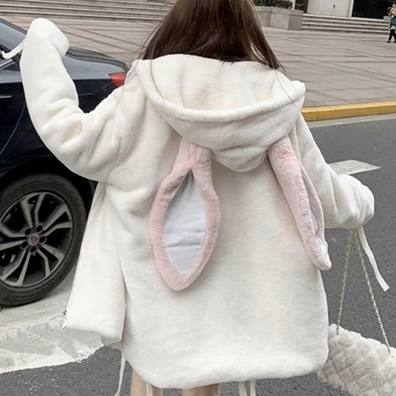 Autumn and Winter Kawaii Cute Jacket Women's Hooded Rabbit Ears Imitating Rabbit Fur h Faux Fur Coat Thick and Warm japan